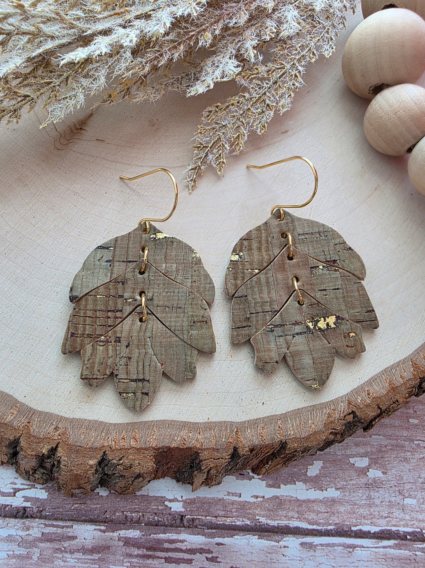 Olive Green & Gold Tiered Leaf Earrings