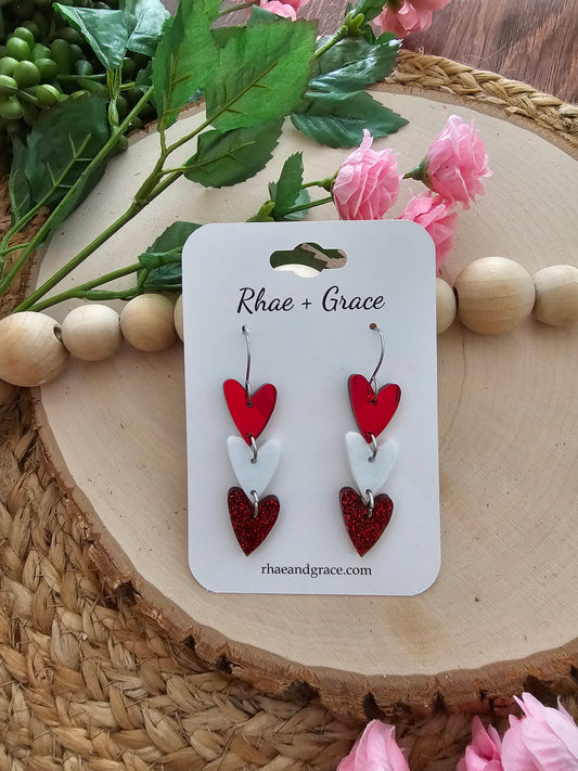 Sparkly Saffiano Swoopy Acrylic Hearts -Valentine's Earrings