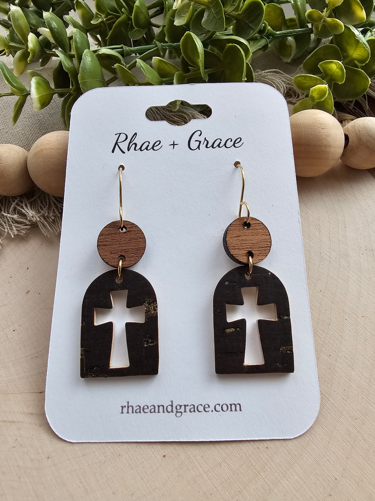 Brown & Gold Cross Cutout Arch Earrings