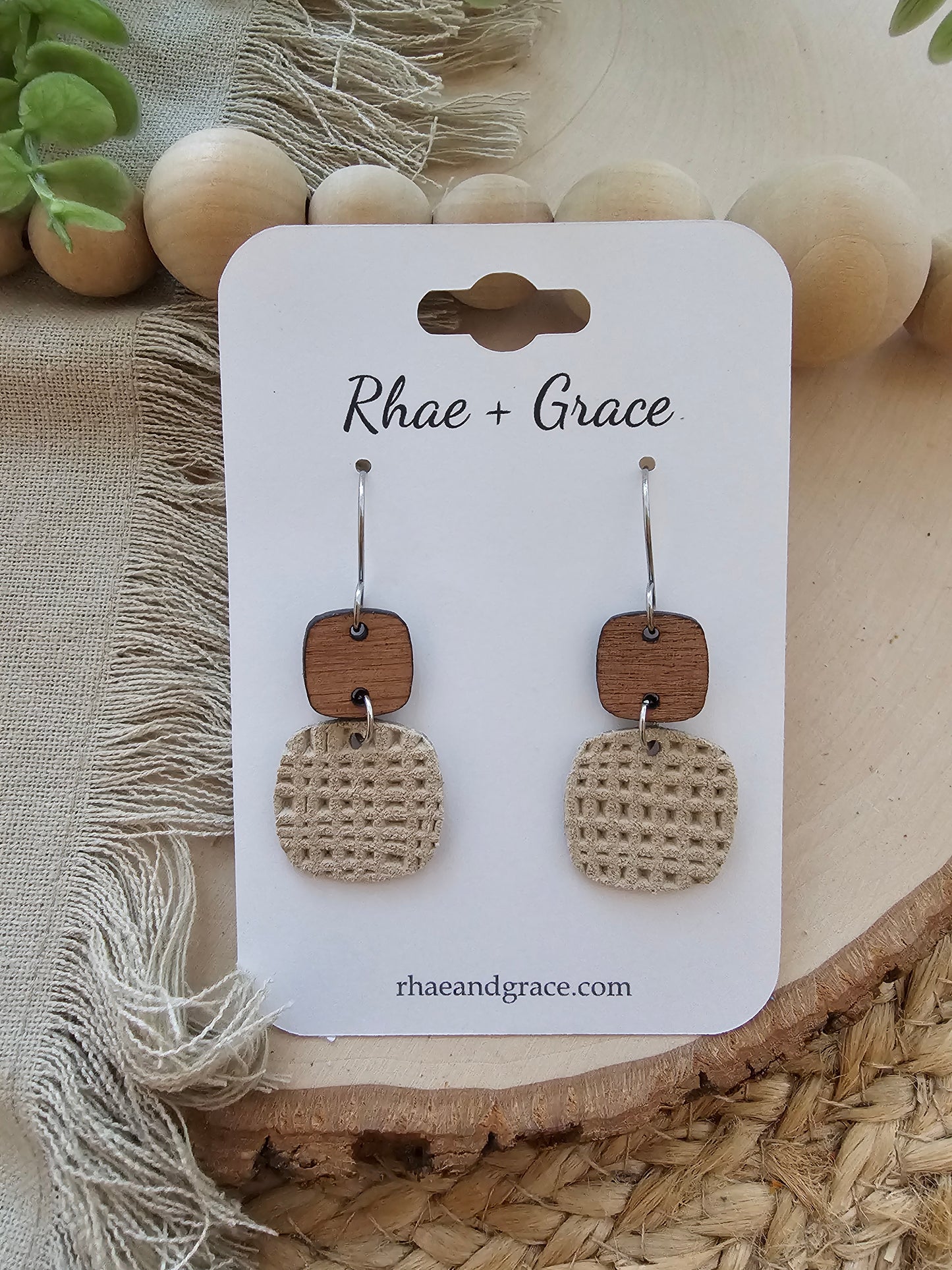 Beige Tan Embossed Rounded Square Earrings