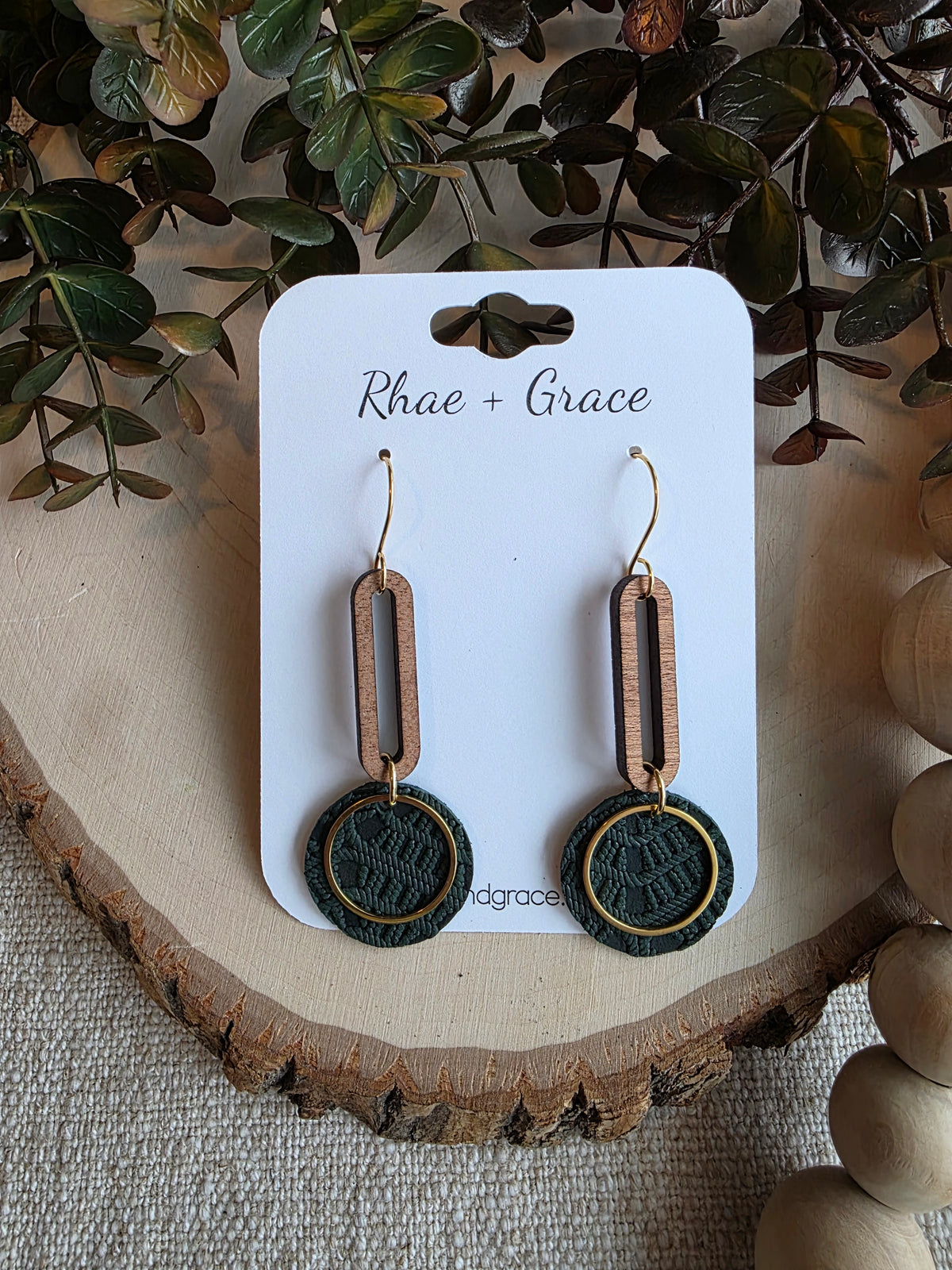Dark Green & Gold Round Drop Earrings