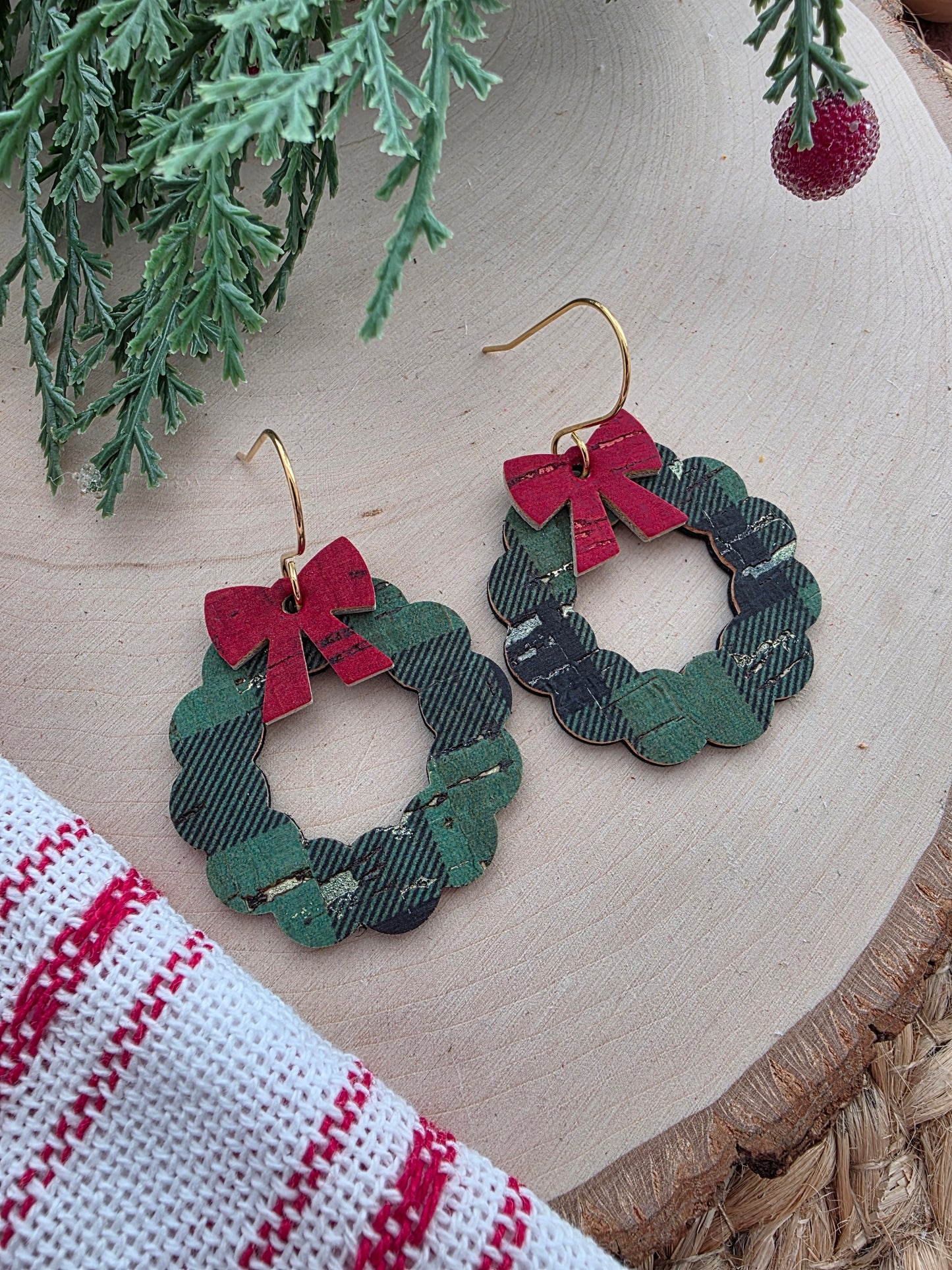Green Buffalo Plaid Christmas Wreath Earrings