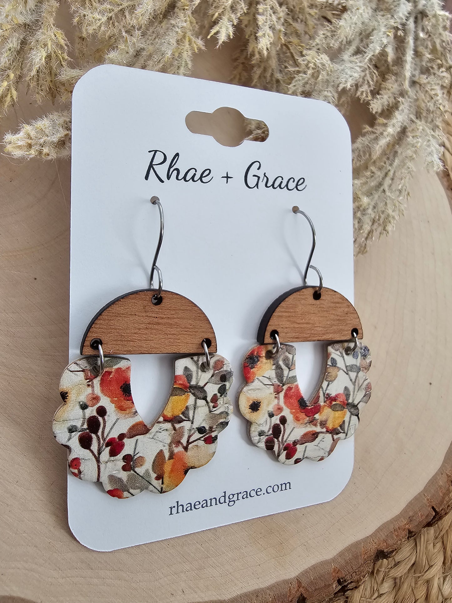 Autumn Watercolor Floral Scallop Earrings