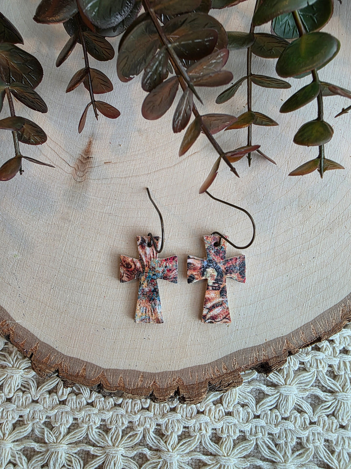 Dainty Rustic Autumn Dye Cross Earrings