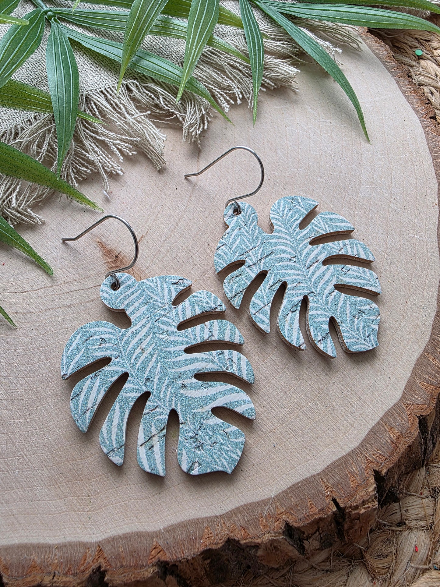 Seafoam Green Foliage Monstera Palm Leaf Earrings