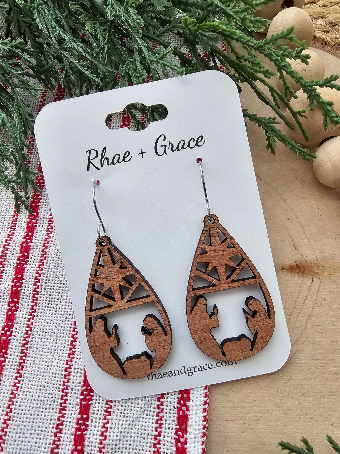 Nativity Silhouette Wood Teardrop Earrings