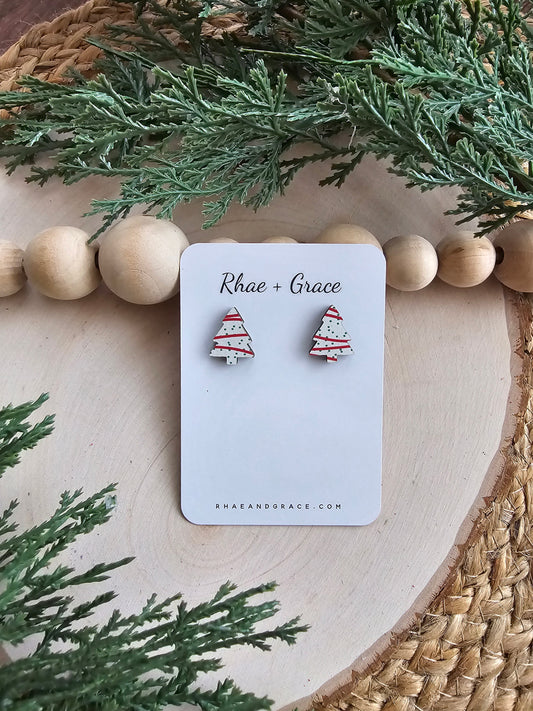 Christmas Tree Cake Wood Stud Earrings