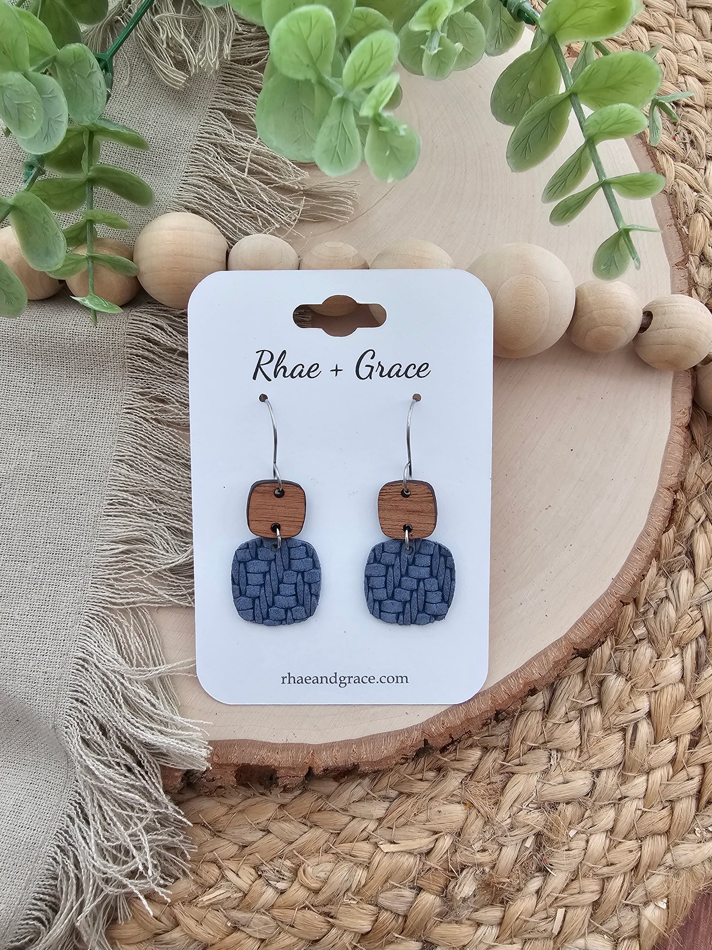 Denim Blue Knit Embossed Braid Rounded Square Earrings