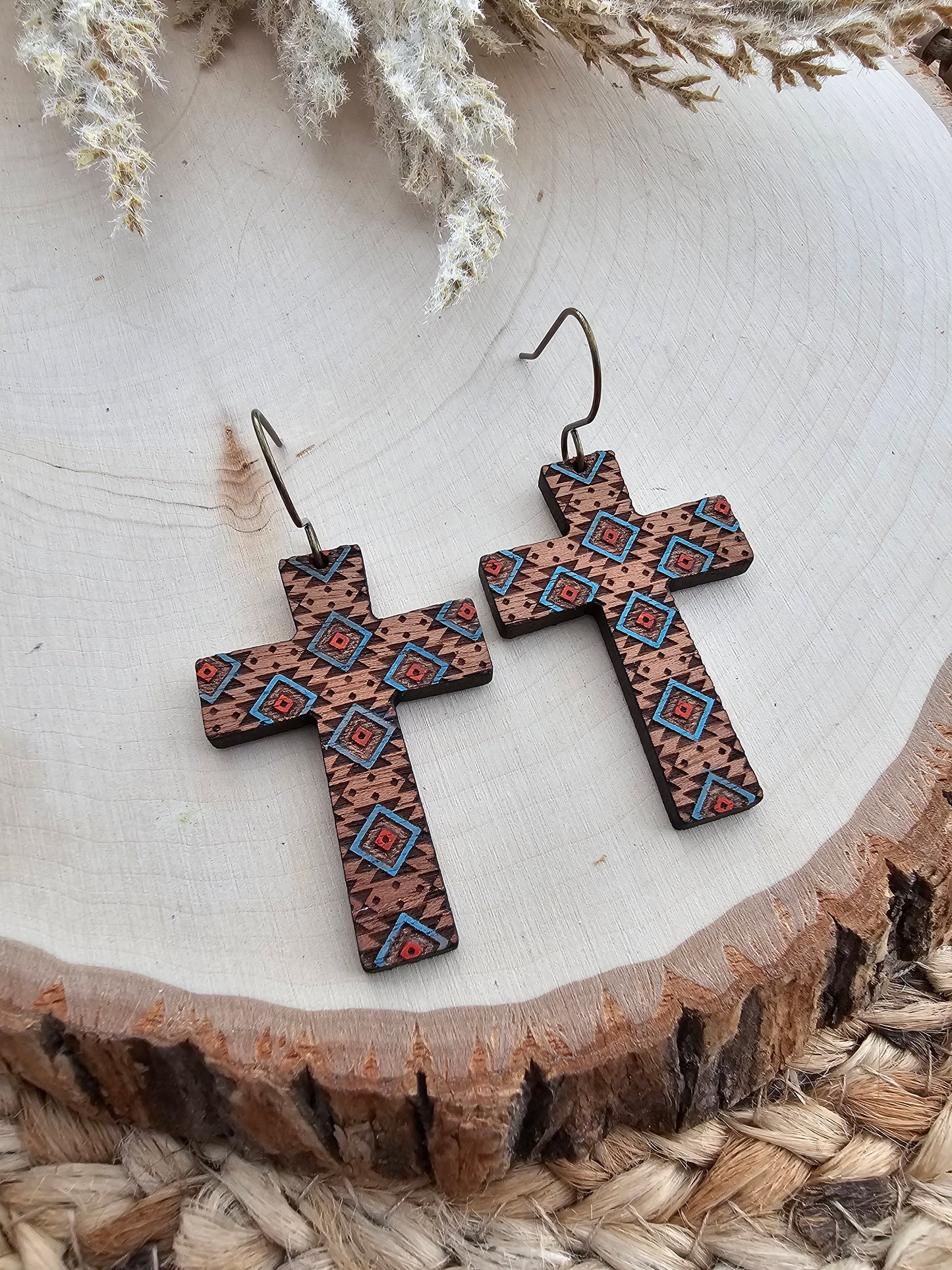 Southwestern Hand Painted Wood Cross Earrings