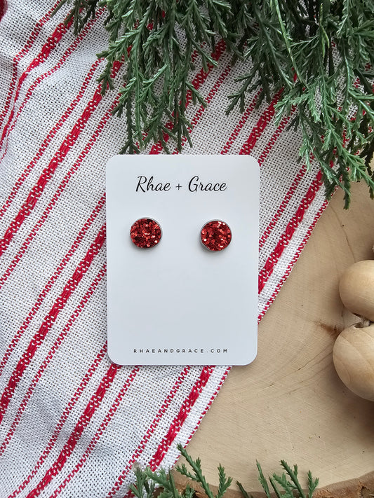 Red Glitter Stud Earrings - 12mm