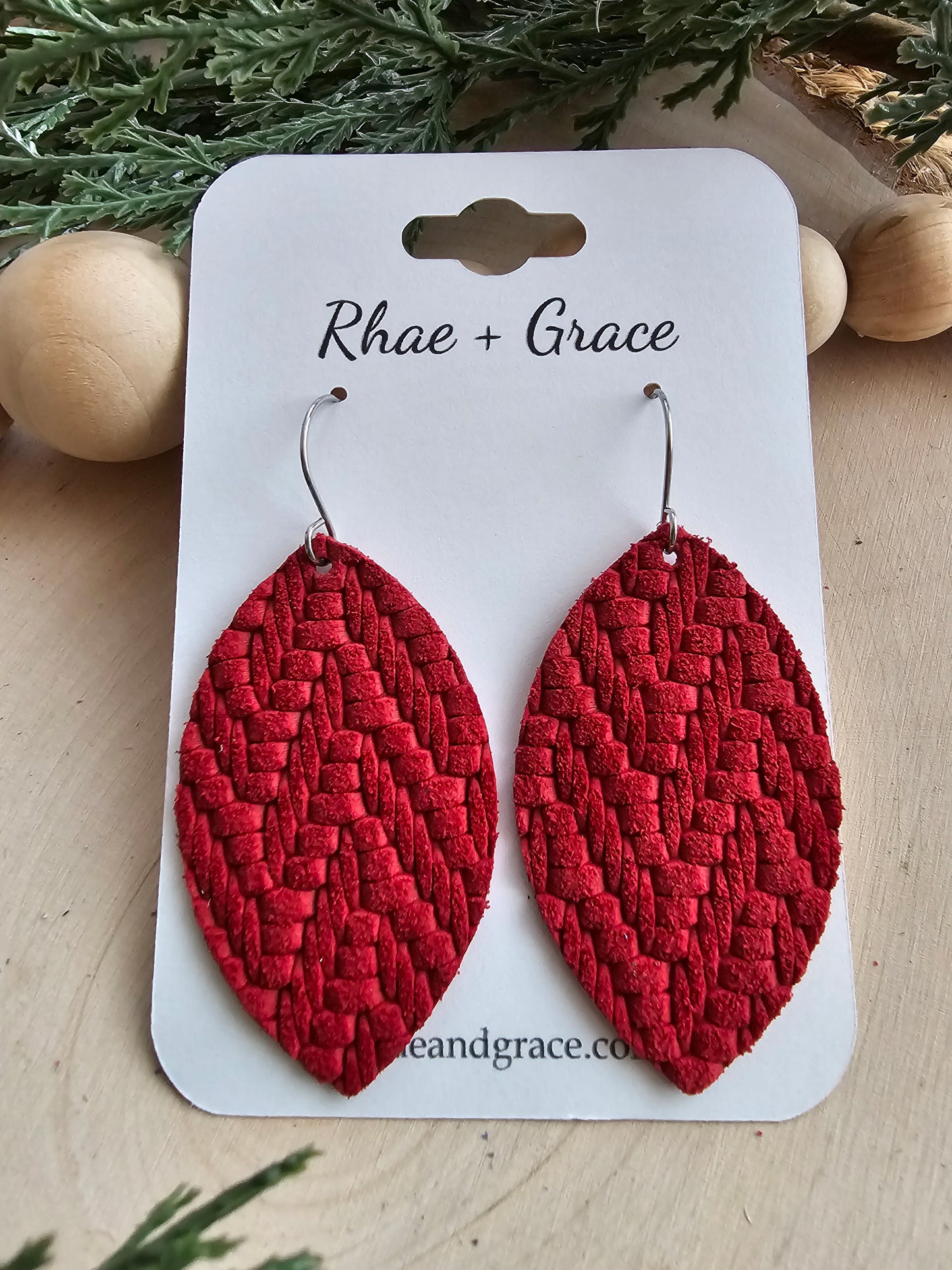 Red Knit Leaf Leather Earrings