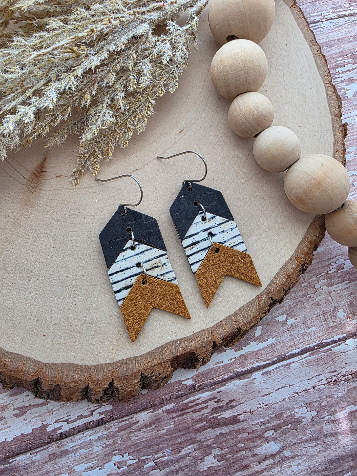 Black, White & Brown Striped Triple Chevron Arrow Earrings