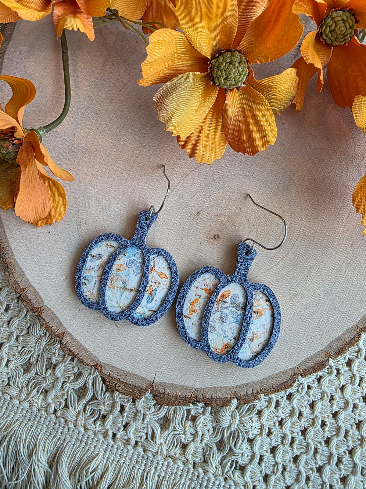 Whimsy Gray Blue Floral Pumpkin Earrings