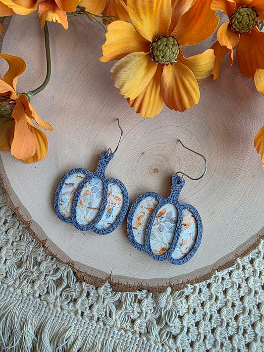 Whimsy Gray Blue Floral Pumpkin Earrings