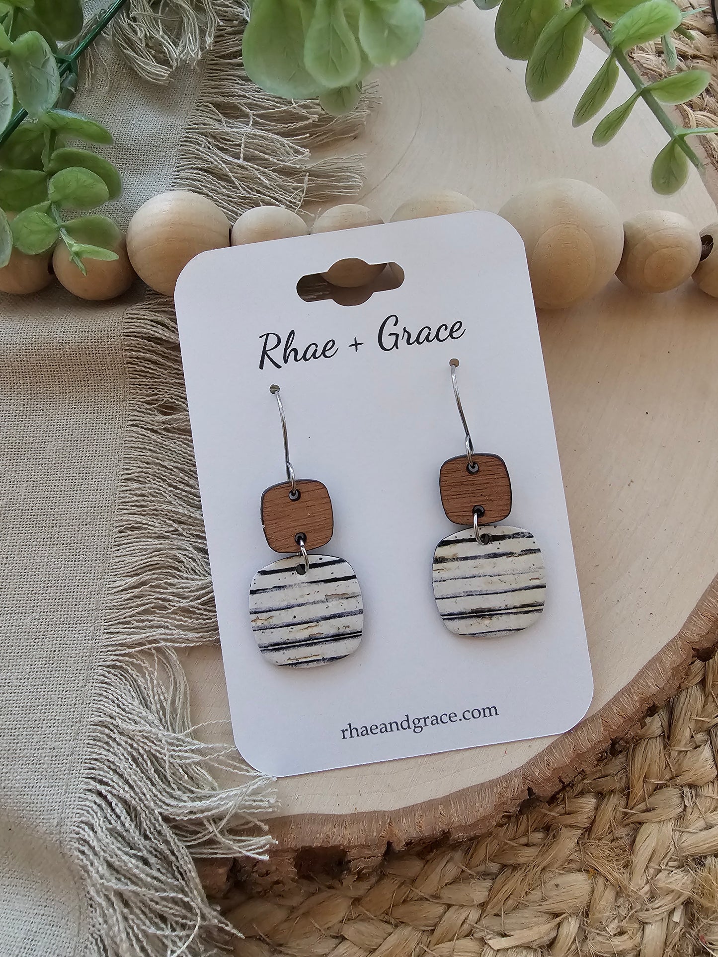 Black & White Vintage Pinstripe Rounded Square Earrings