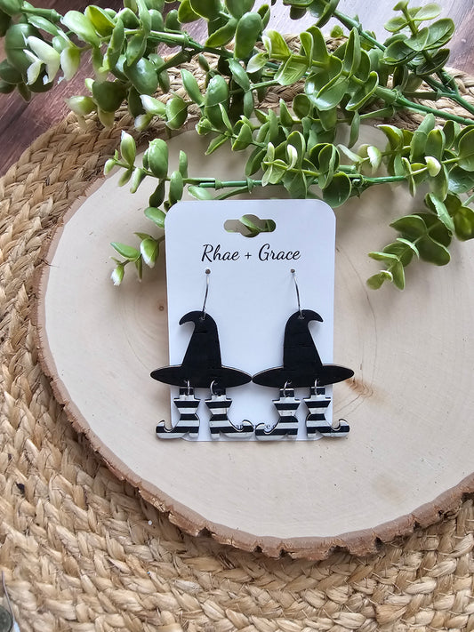 Witch Hat Black & White Striped Boots Earrings