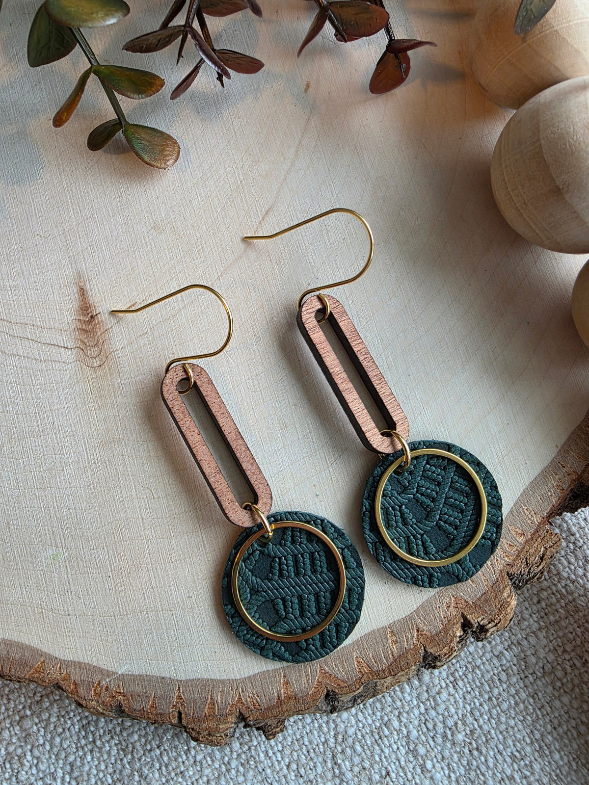 Dark Green & Gold Round Drop Earrings