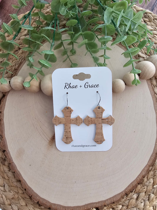 Natural Cork Cross Earrings