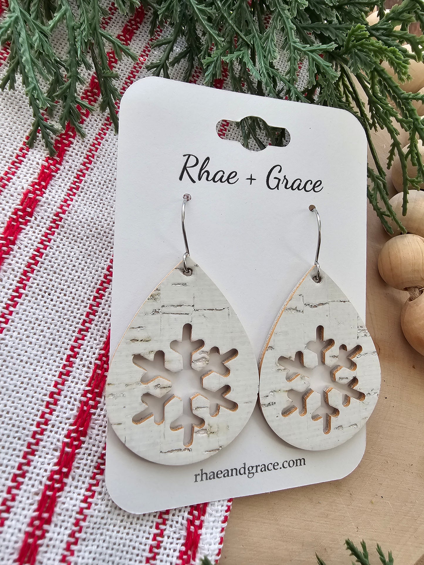 White Birch Snowflake Cutout Teardrop Earrings