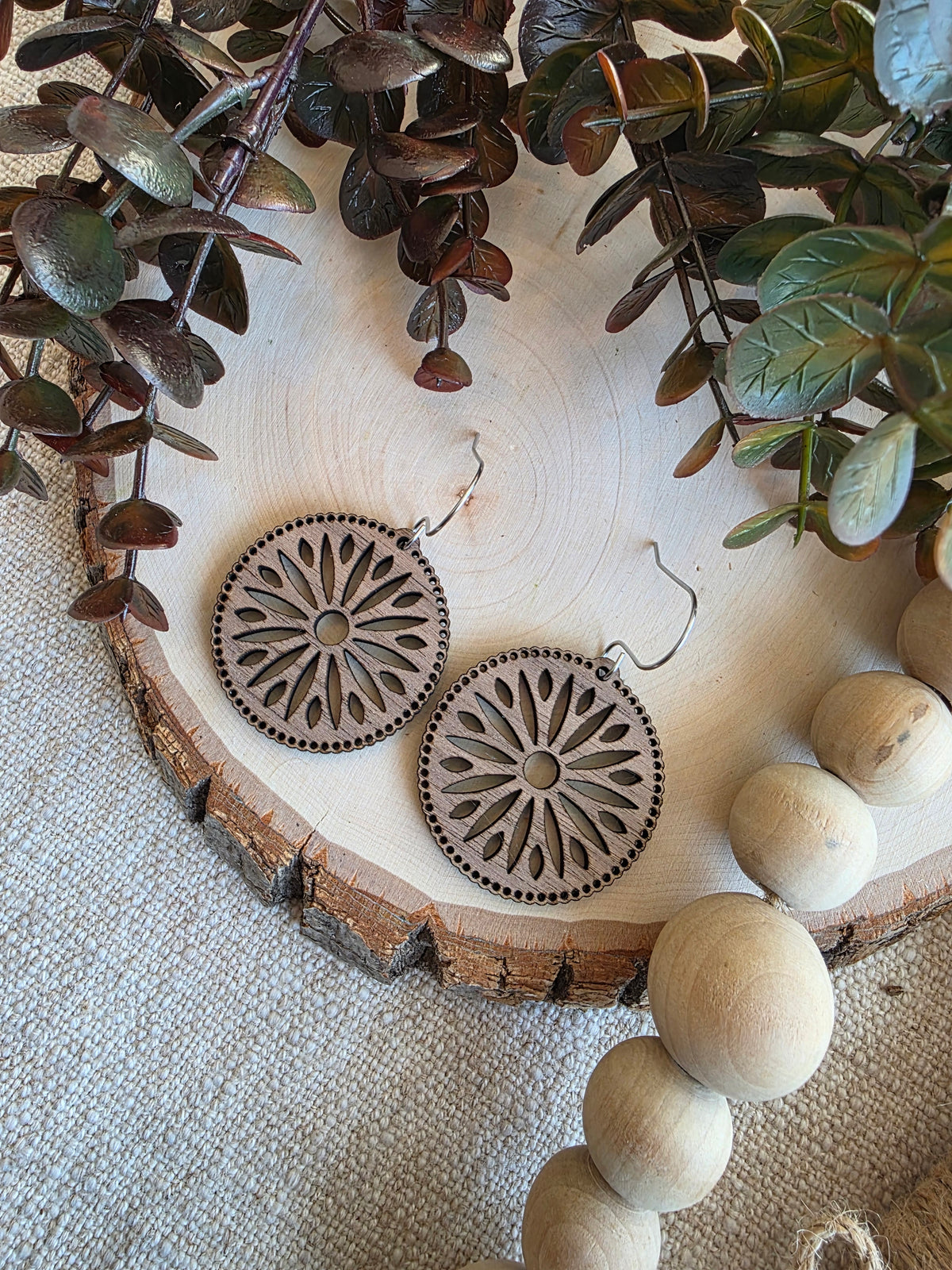 Intricate Radial Round Wood Earrings
