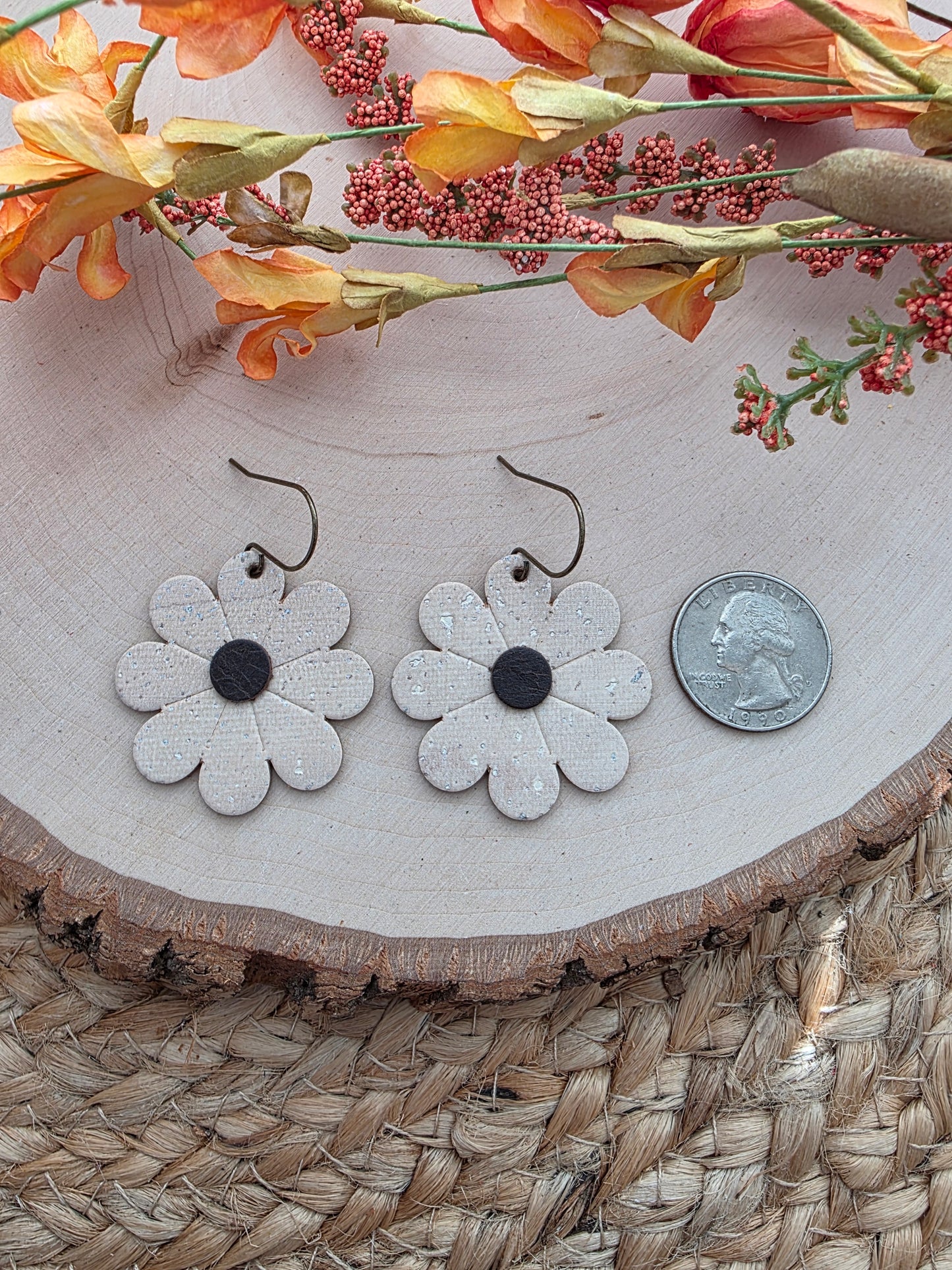 Neutral Beige Daisy Flower Earrings