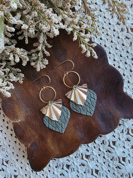 Olive Green Braided Gold Fan Earrings