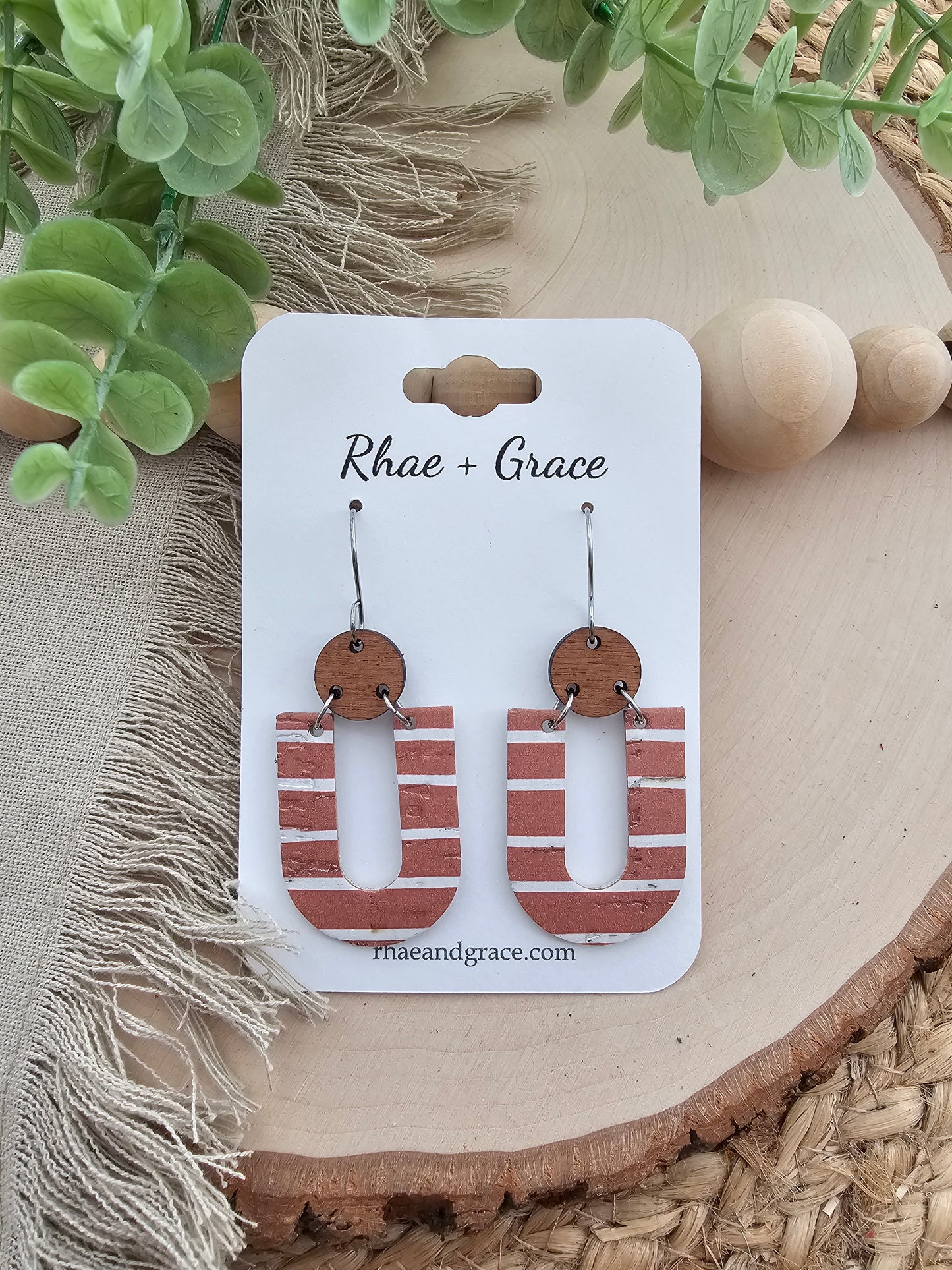 Terracotta Tan & White Striped "U" Earrings