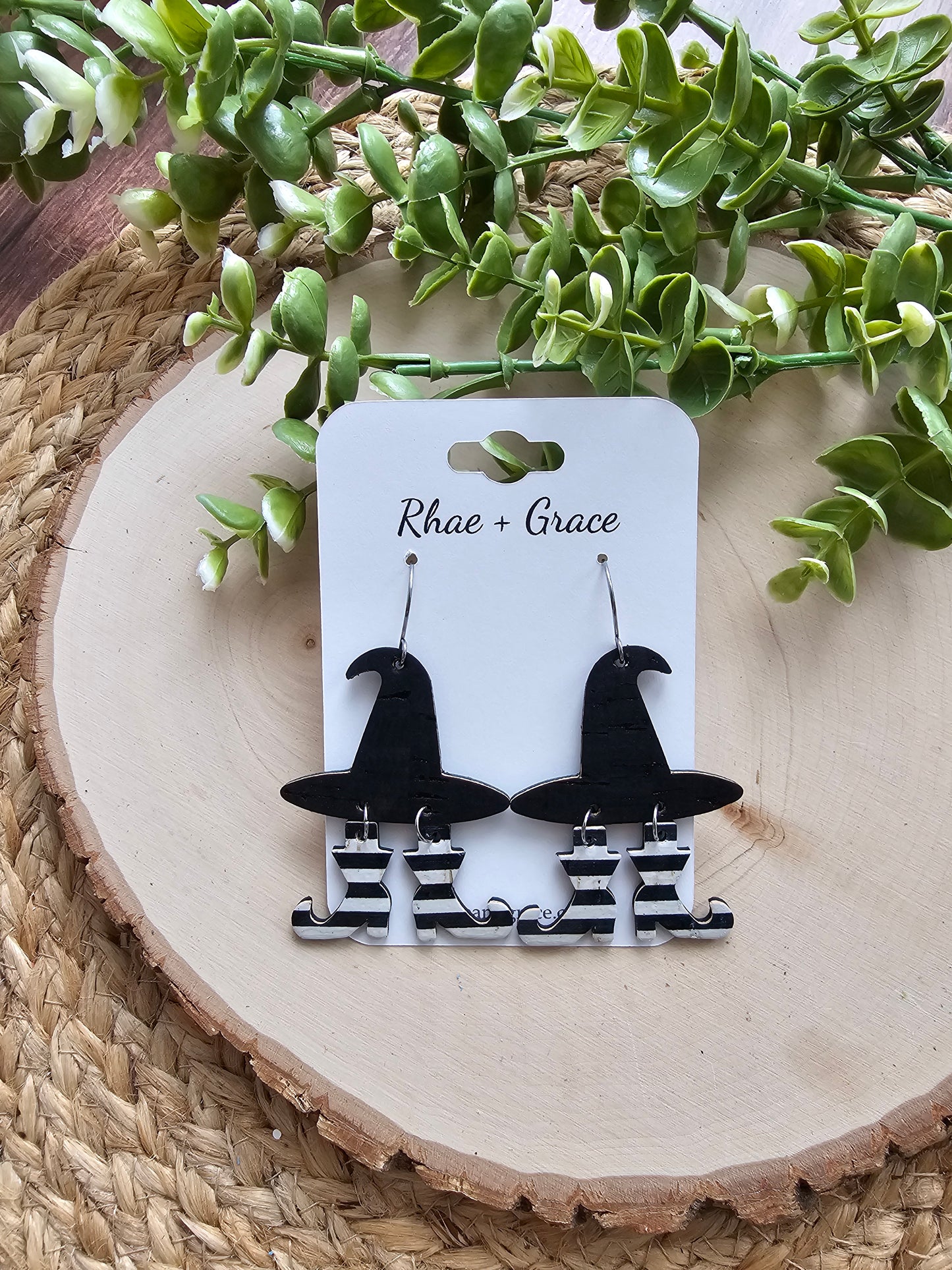 Witch Hat Black & White Striped Boots Earrings