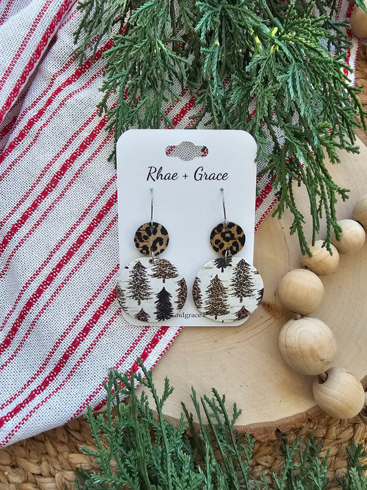 Leopard Print Christmas Tree Circle Drop Earrings