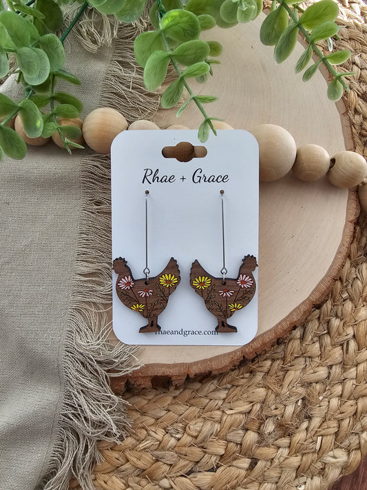 Handpainted Floral Chicken Earrings