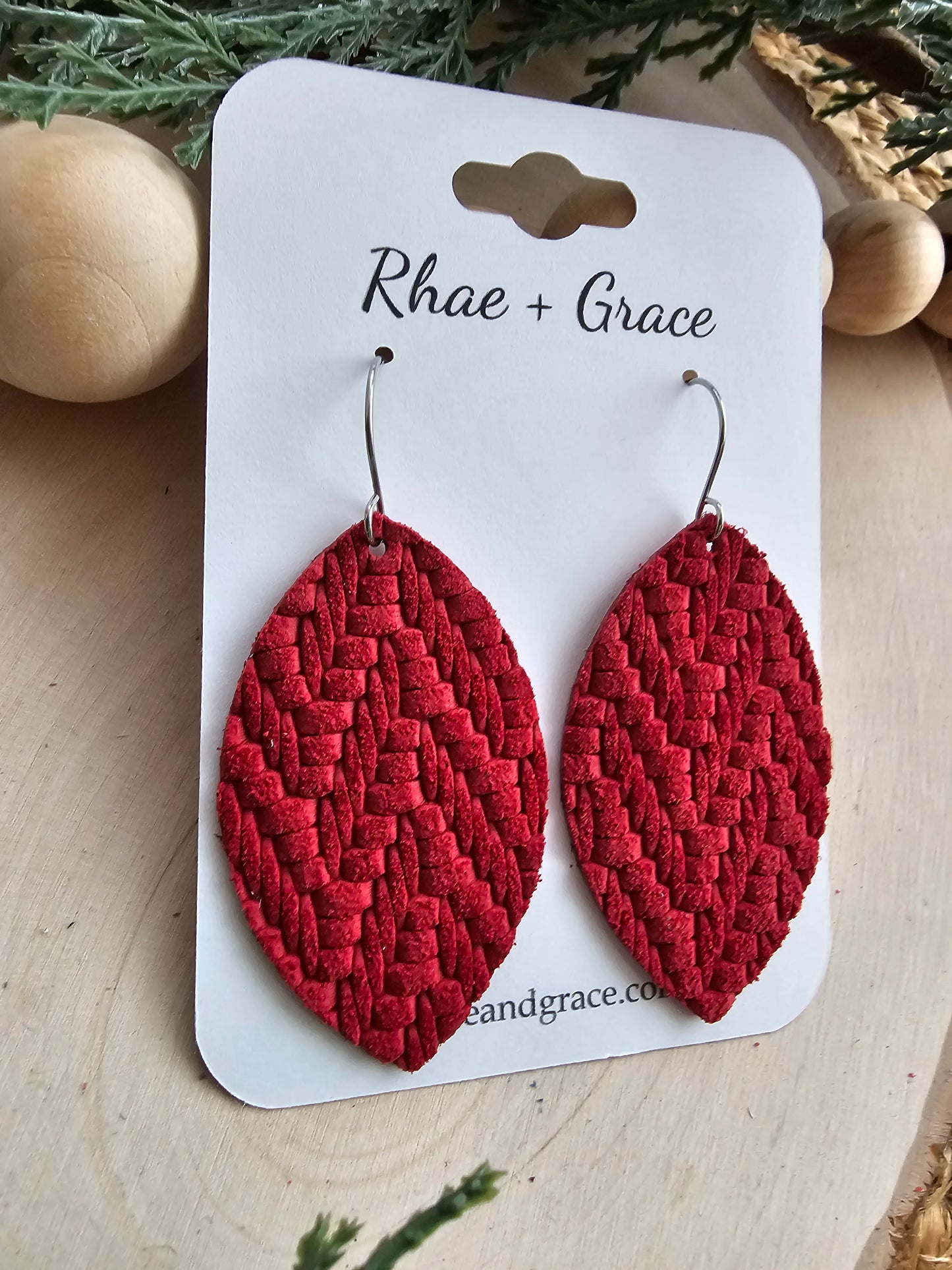 Red Knit Leaf Leather Earrings