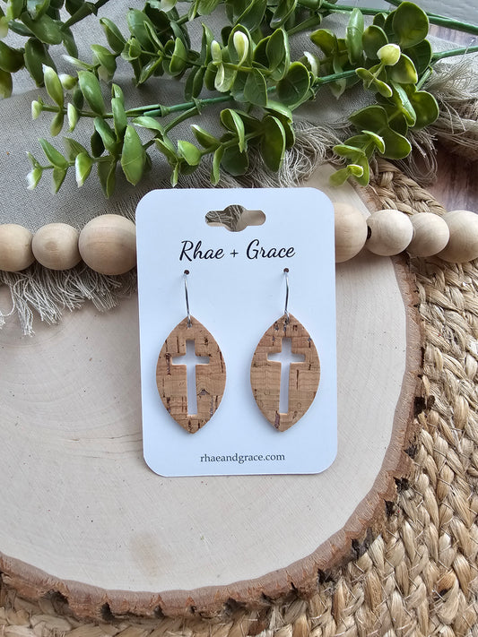 Natural Cork & Silver Cross Cutout Leaf Earrings