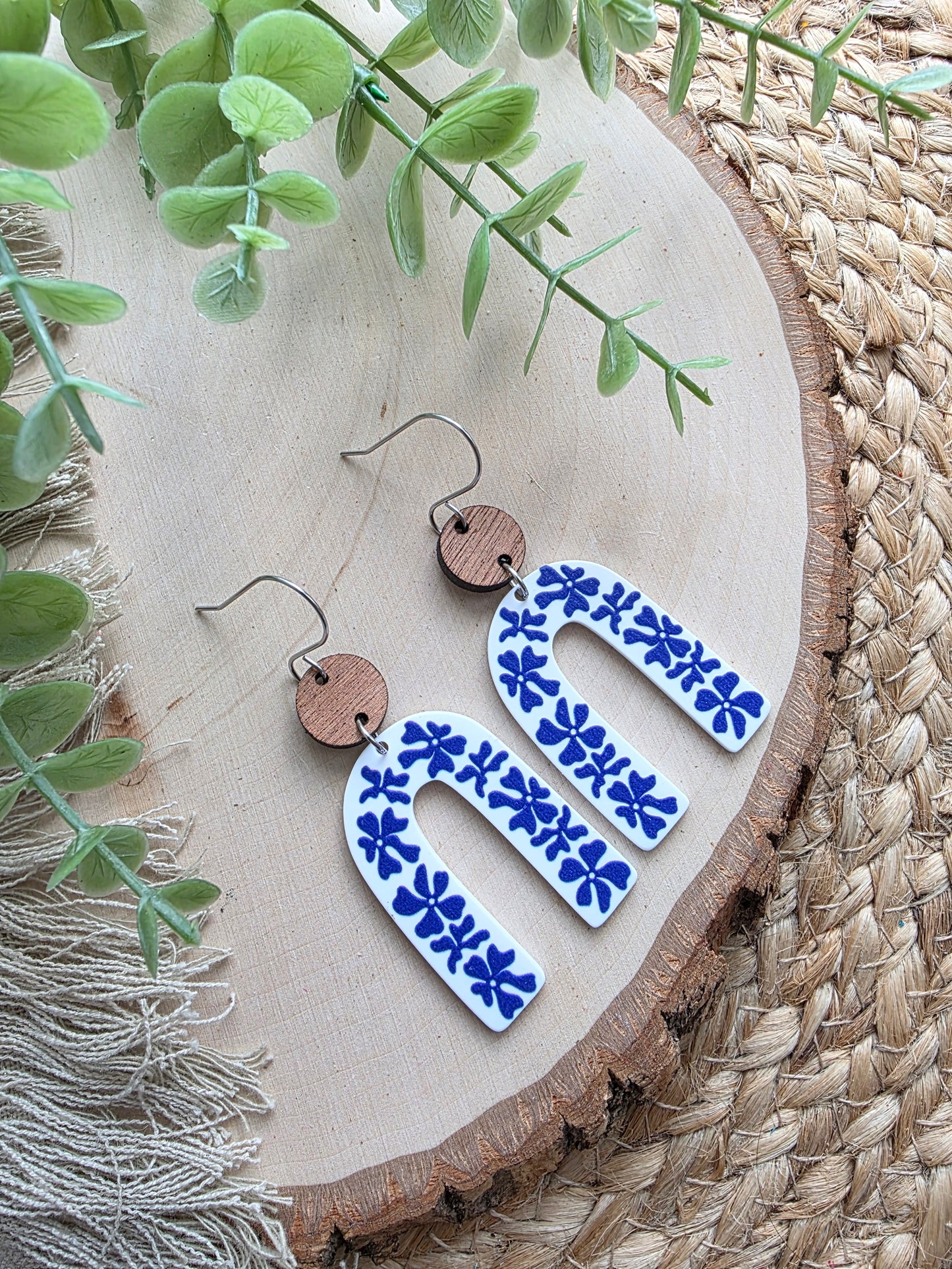Blue & White Floral Acrylic Arch Earrings