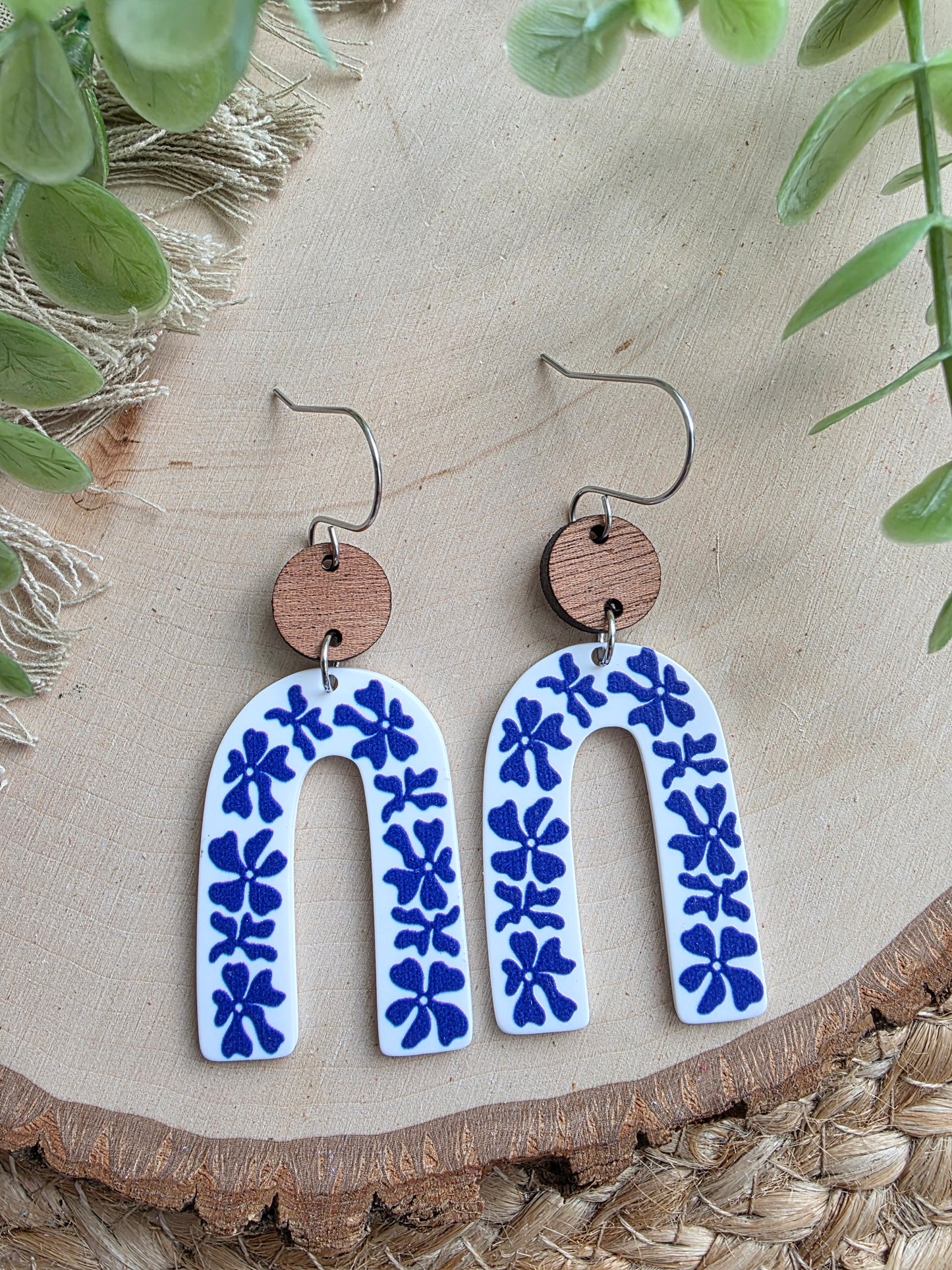 Blue & White Floral Acrylic Arch Earrings