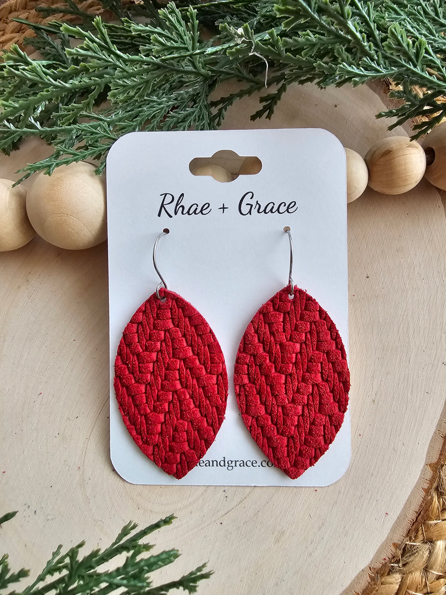 Red Knit Leaf Leather Earrings