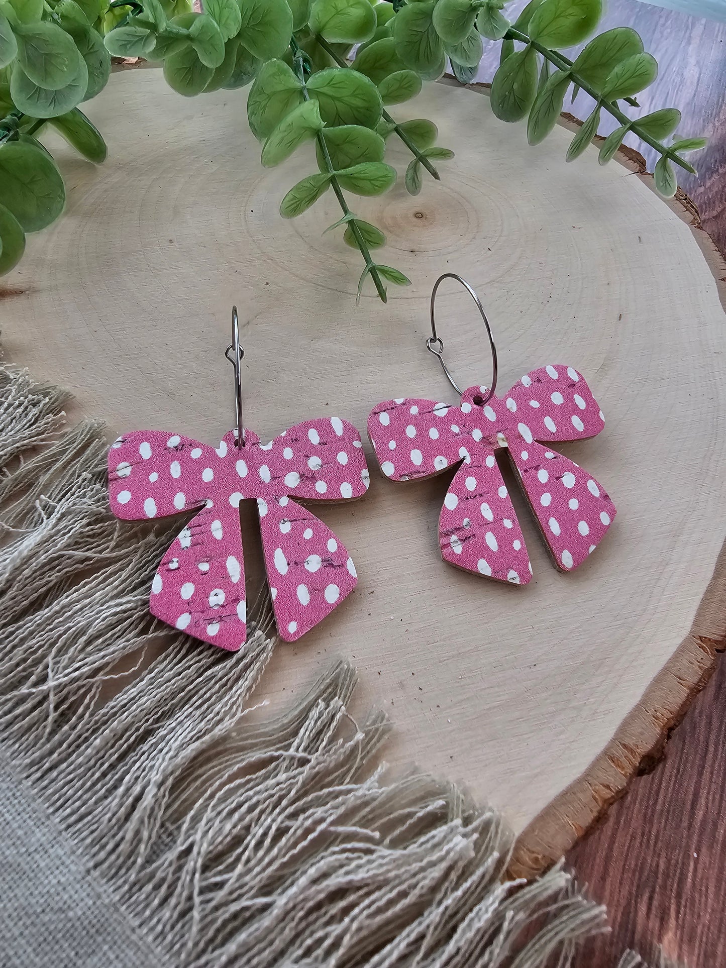 Pink & White Dotted Bow Earrings