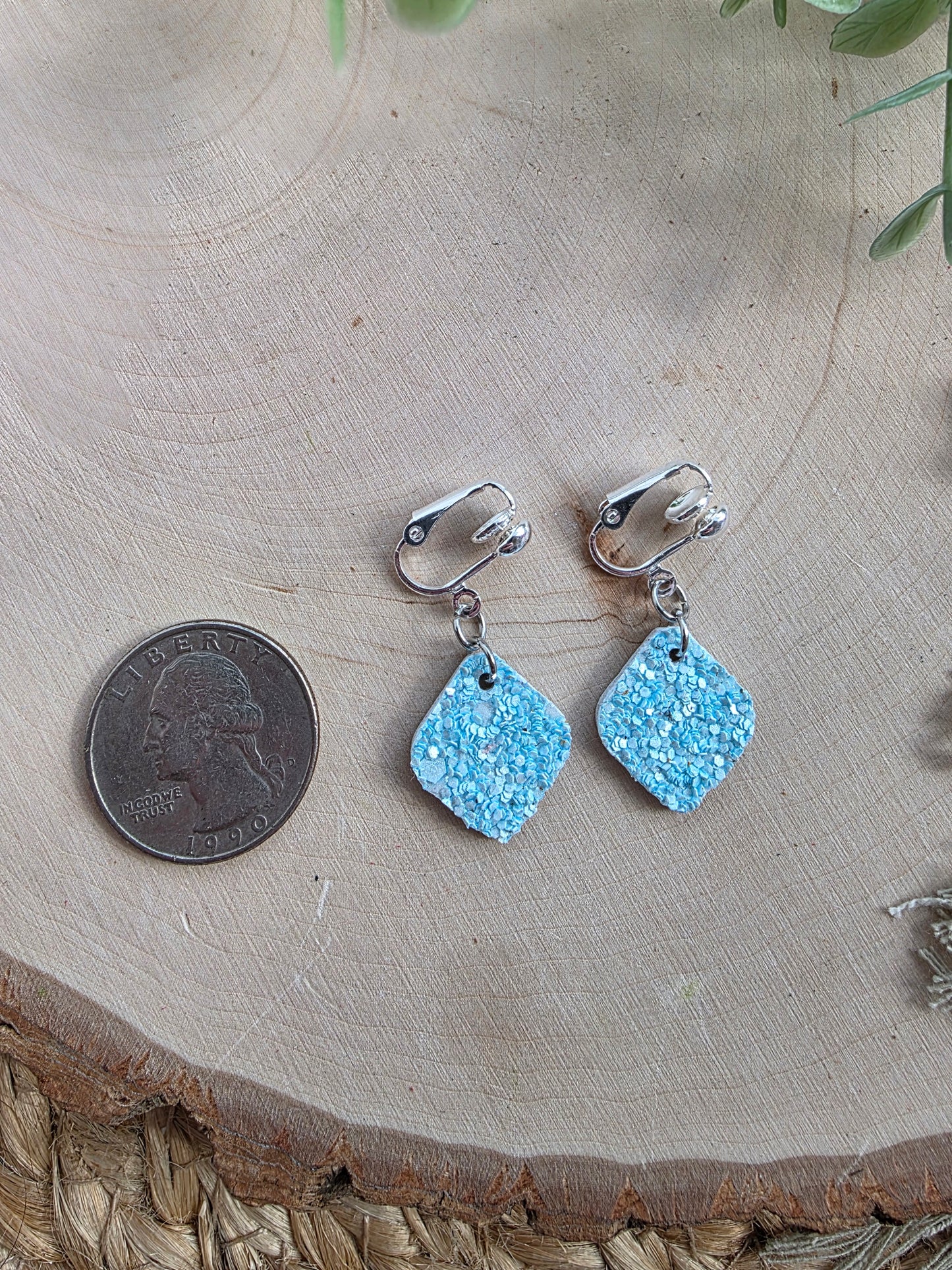 Light Blue Glitter Clip On Earrings