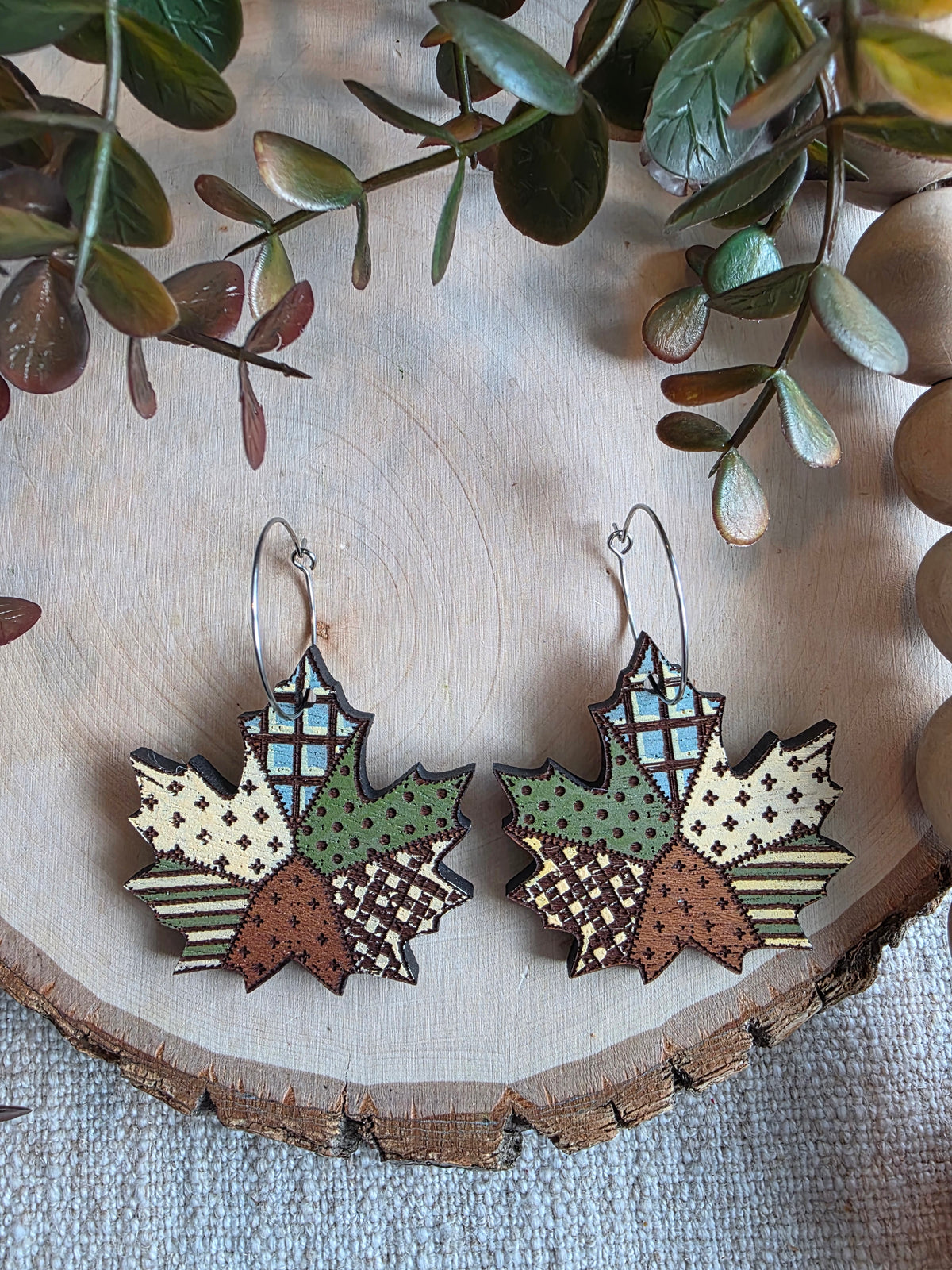 Patchwork Maple Leaf Wood Earrings - Blue/Green