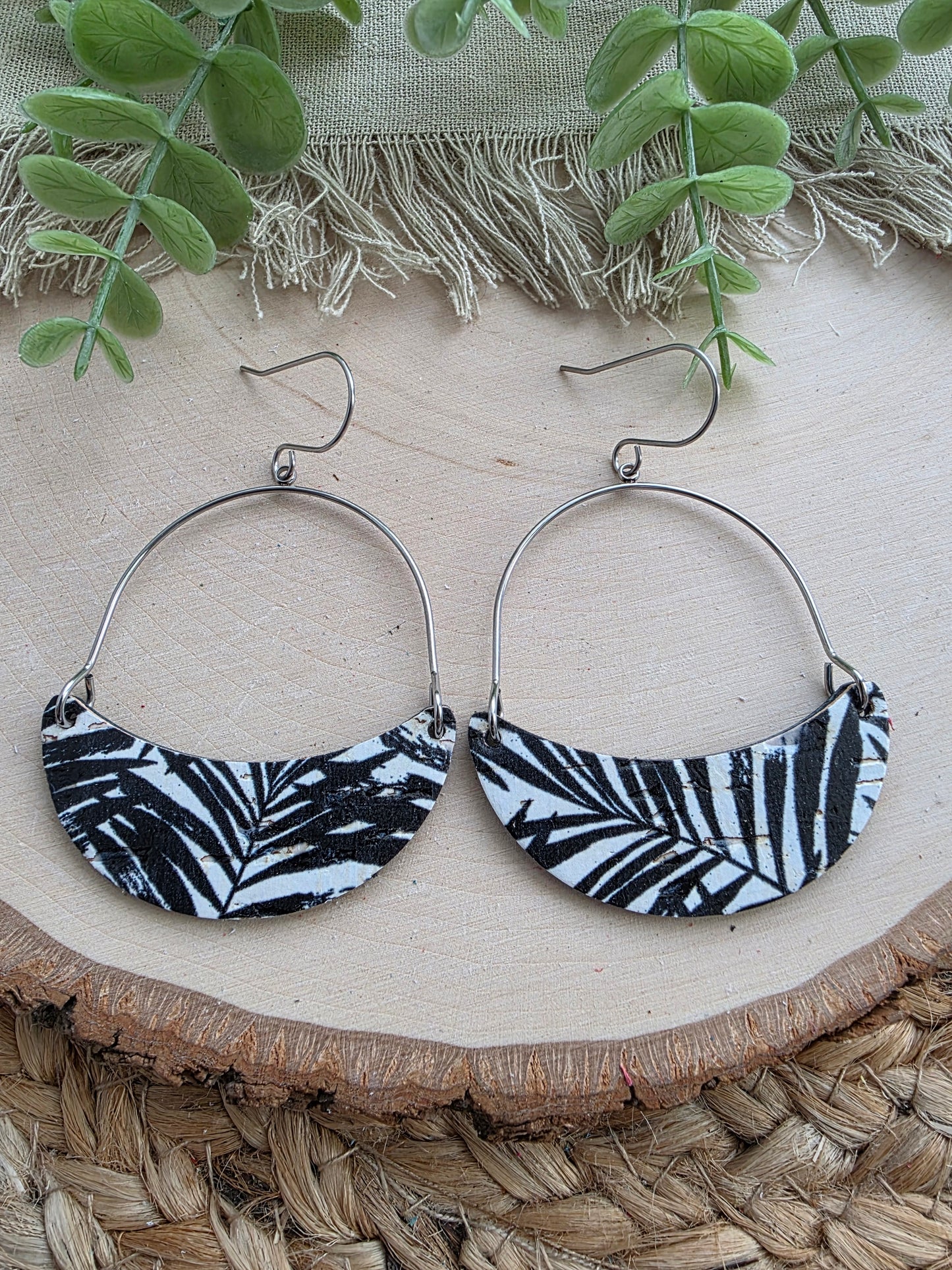 Monochrome Palms Crescent Hoop Leather Earrings