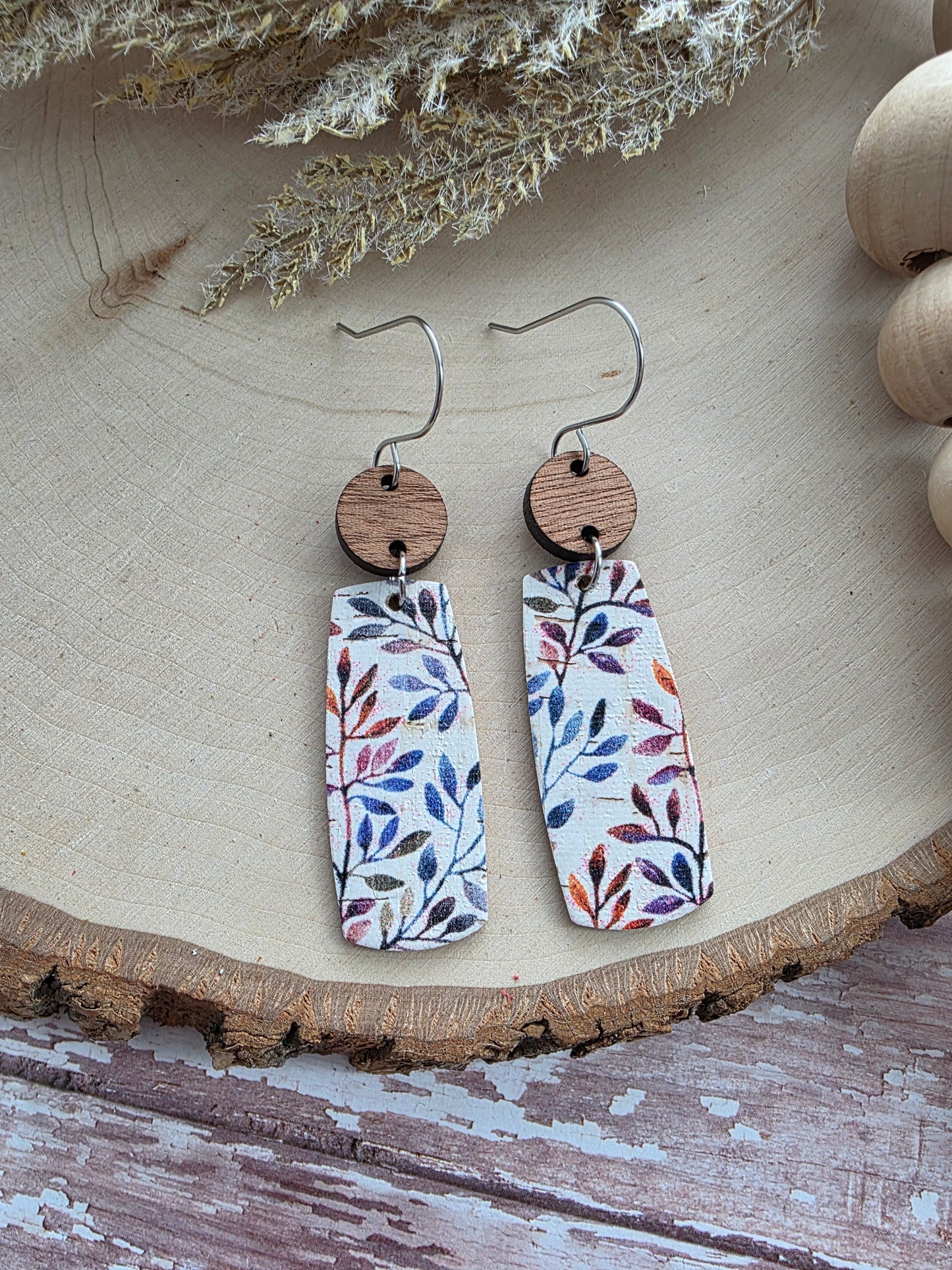 Autumn Willow Branch Floral Bar Leather Earrings