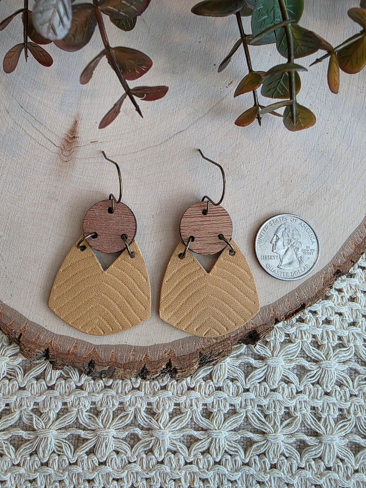 Geometric Boho Embossed Chevron Earrings - Tan