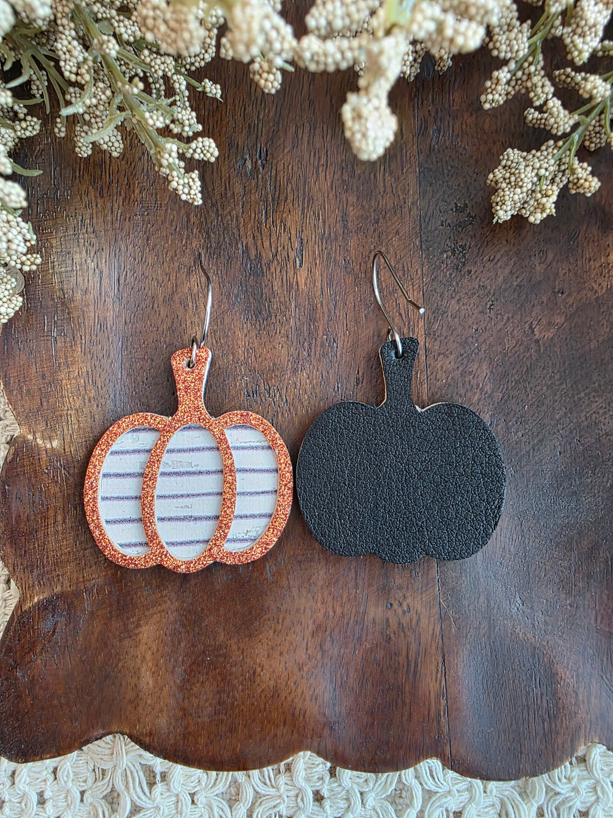 Orange Glitter Striped Pumpkin Earrings