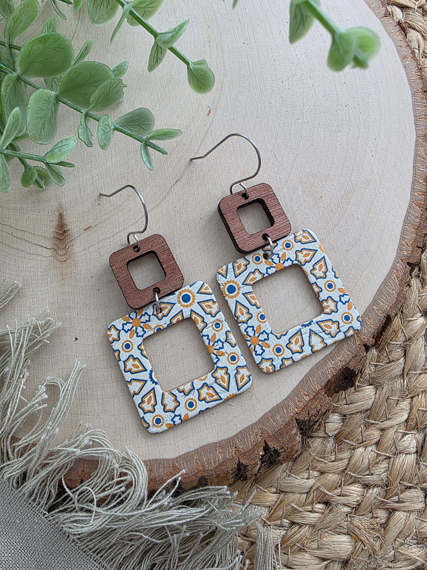 Blue & Yellow Moroccan Tile Rounded Square Cutout Earrings