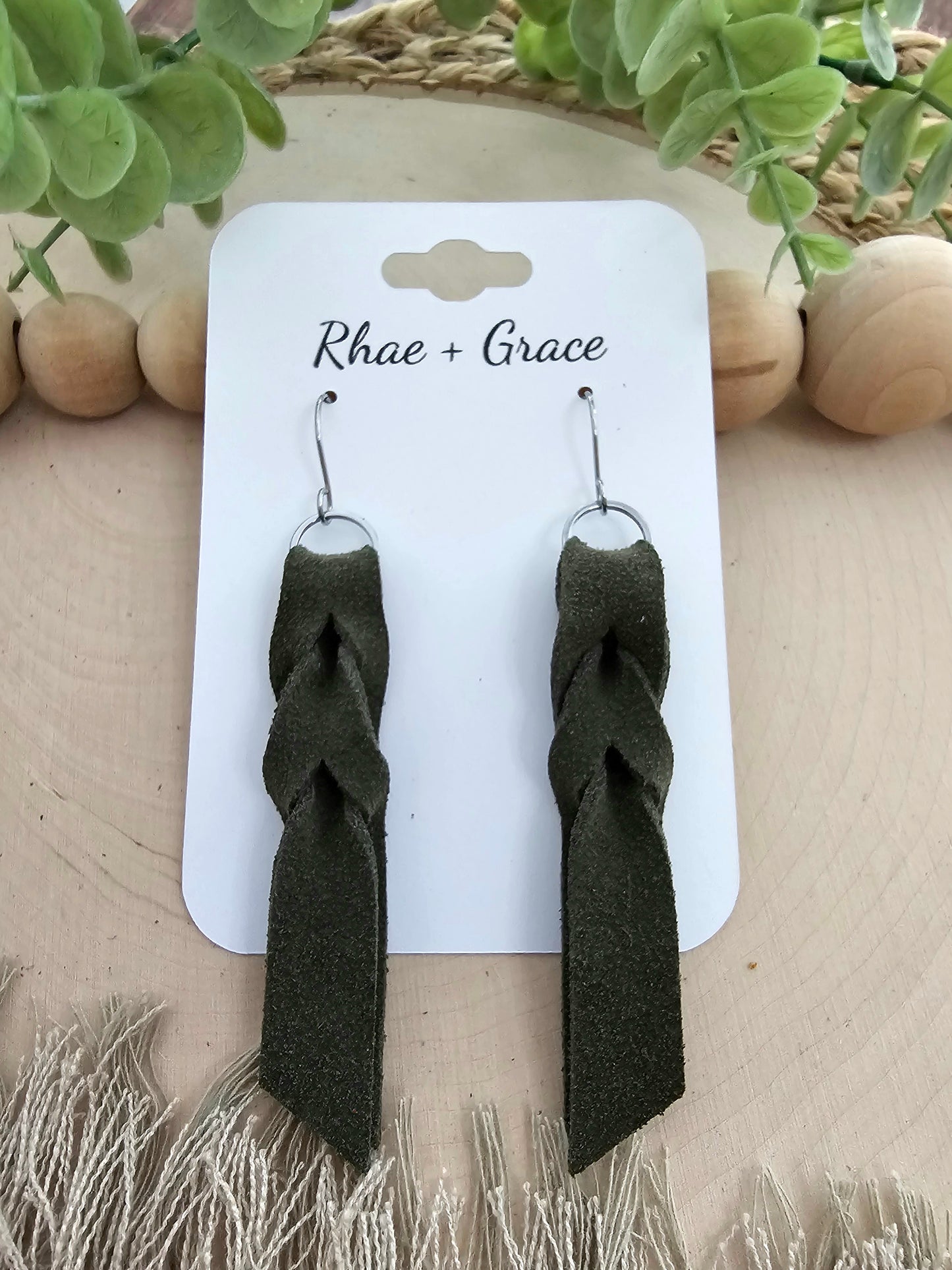 Khaki Green Suede Blood Knot Leather Earrings