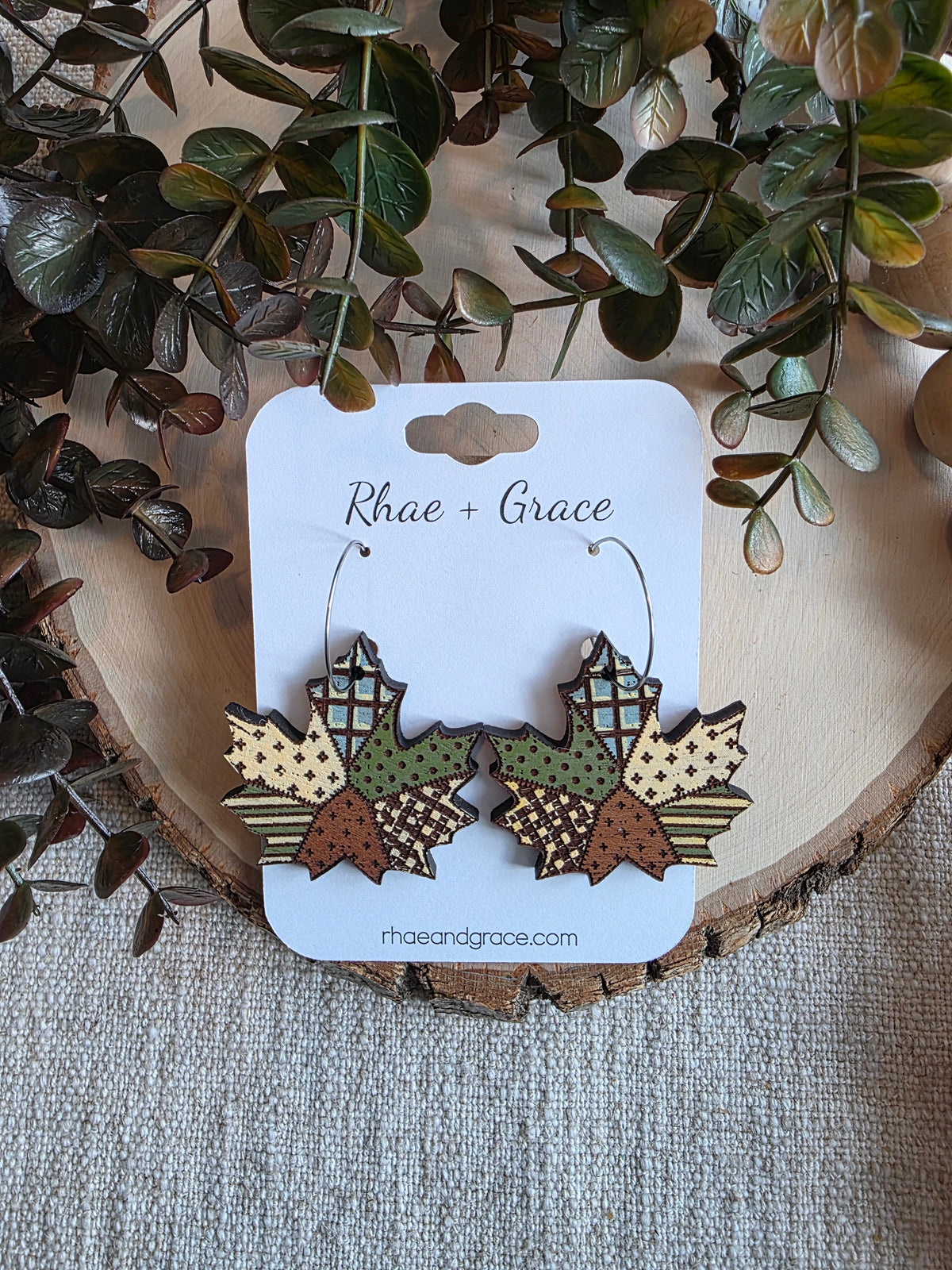 Patchwork Maple Leaf Wood Earrings - Blue/Green