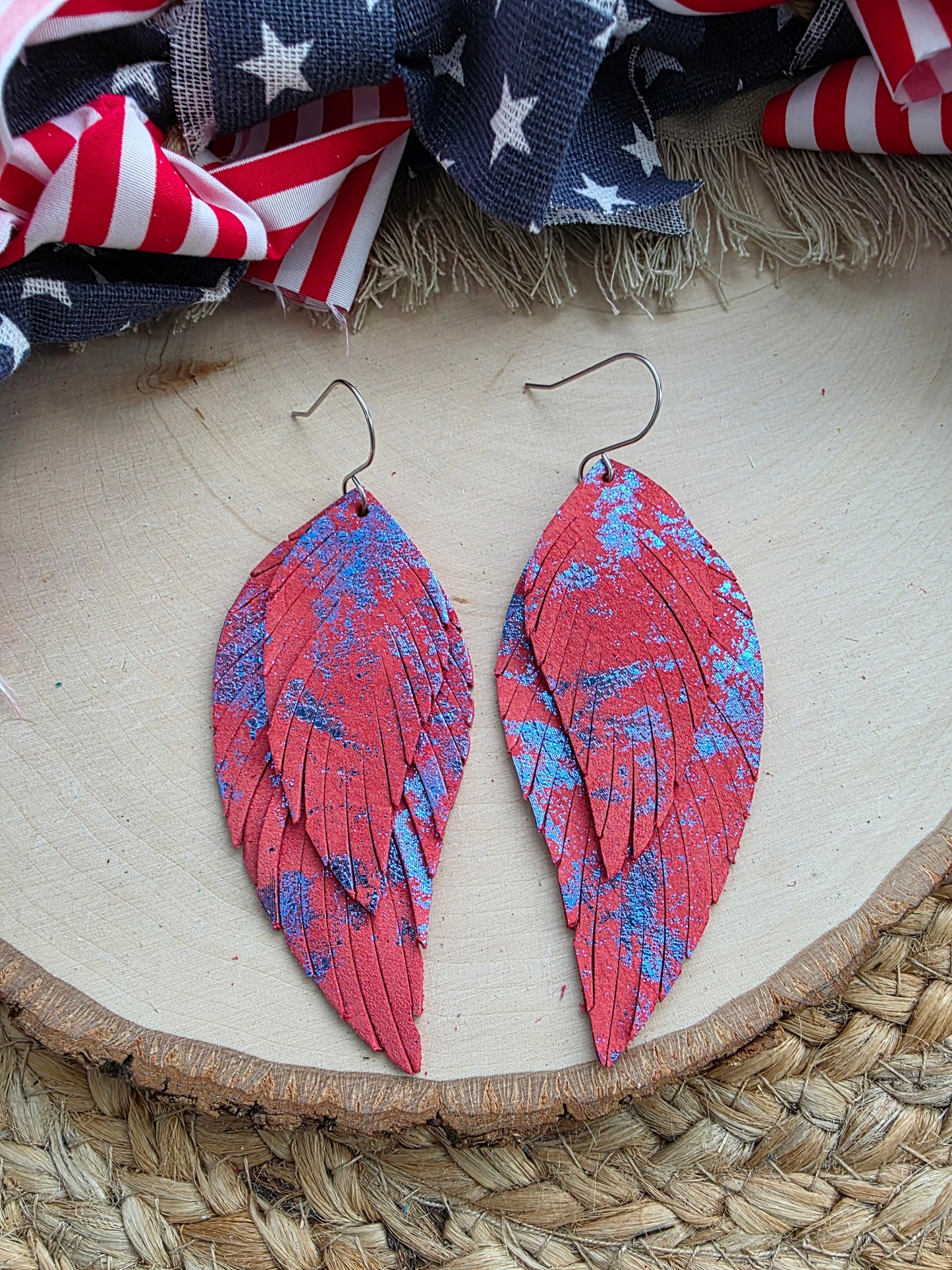 Red & Metallic Blue Fringe Feather Earrings