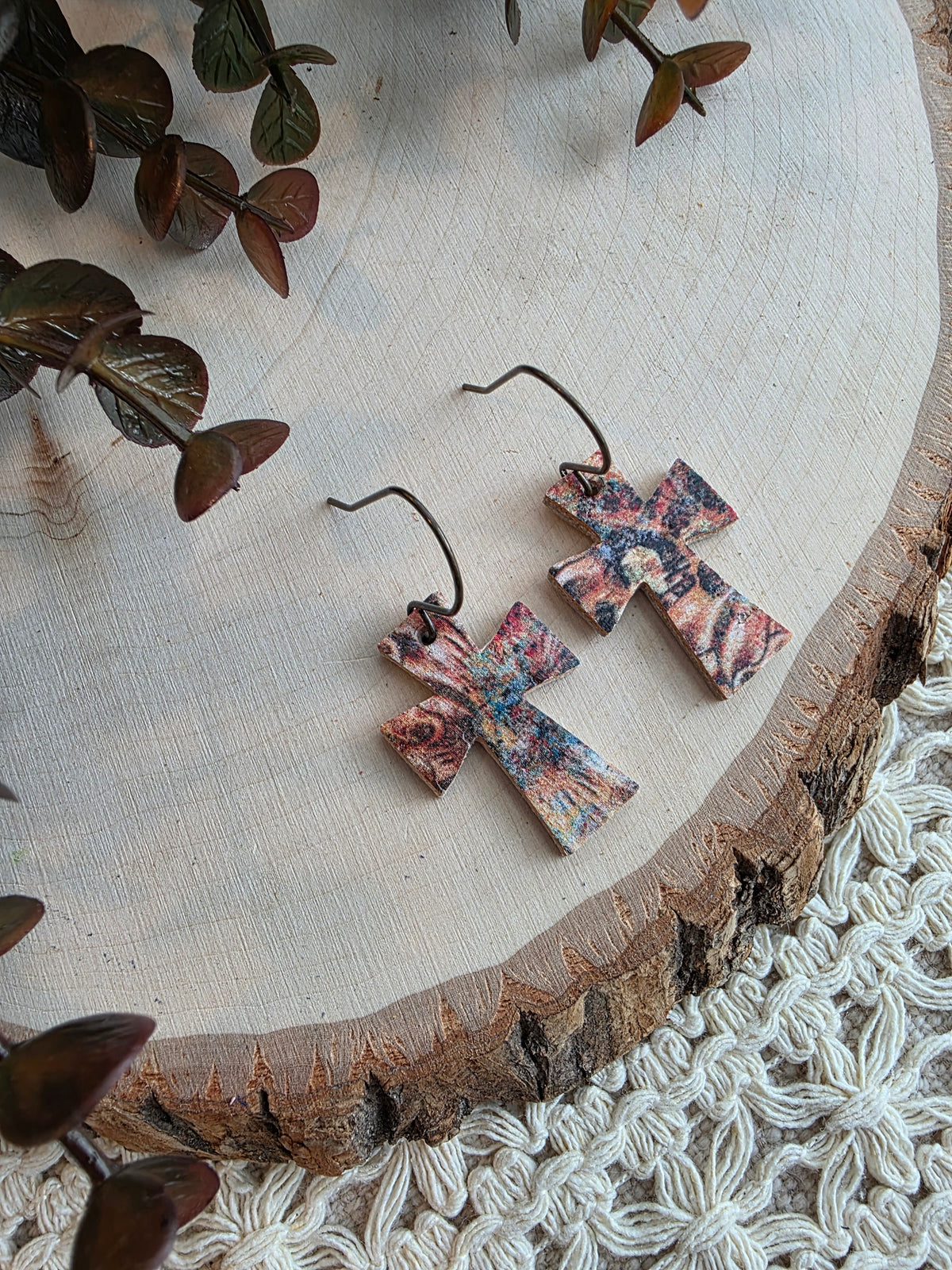 Dainty Rustic Autumn Dye Cross Earrings
