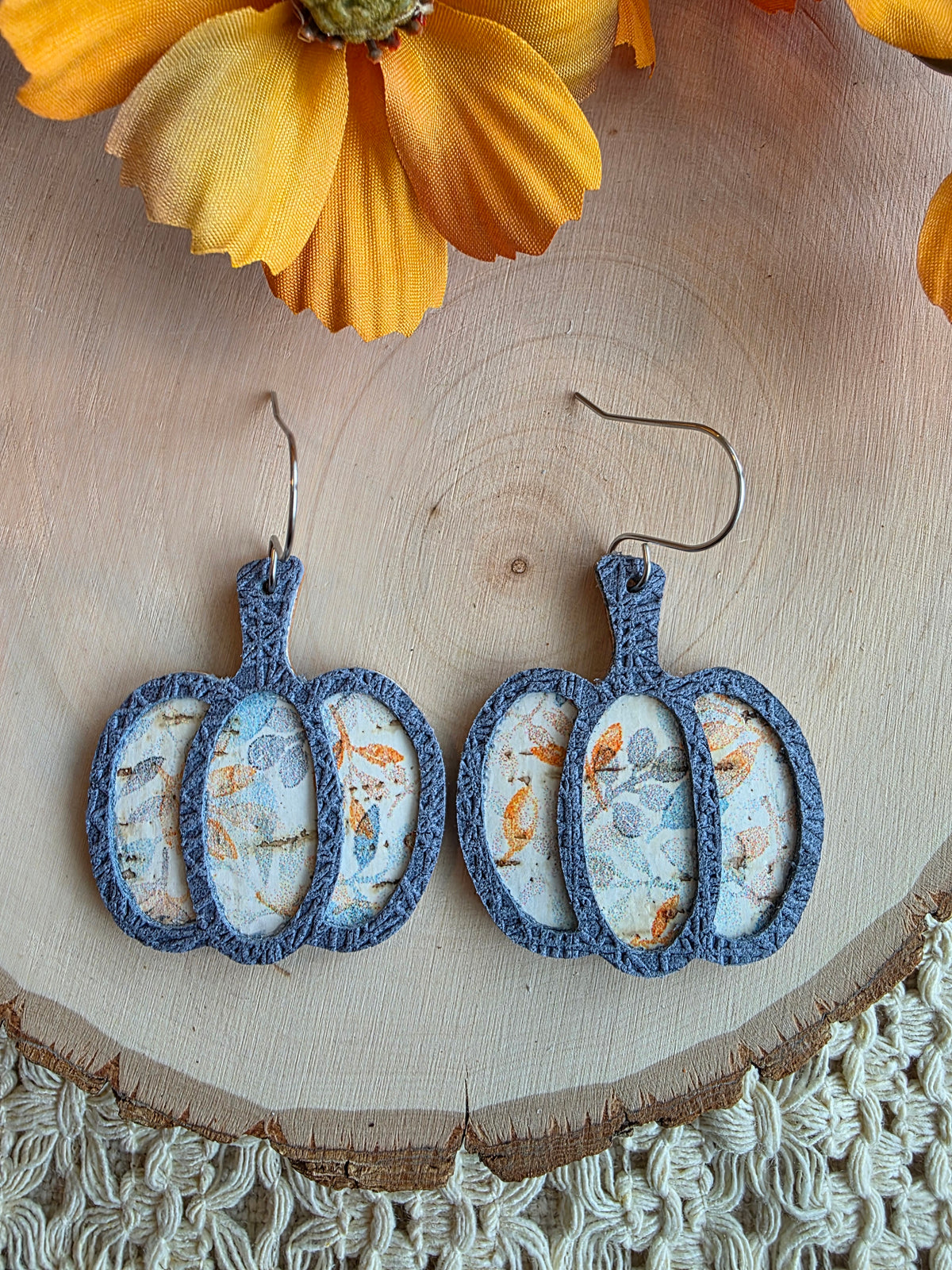 Whimsy Gray Blue Floral Pumpkin Earrings