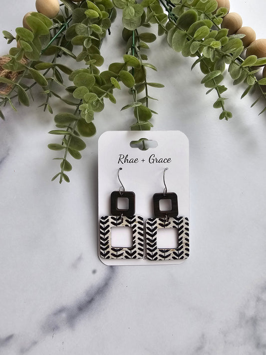 Black & White Stitching Rounded Square Cutout Earrrings