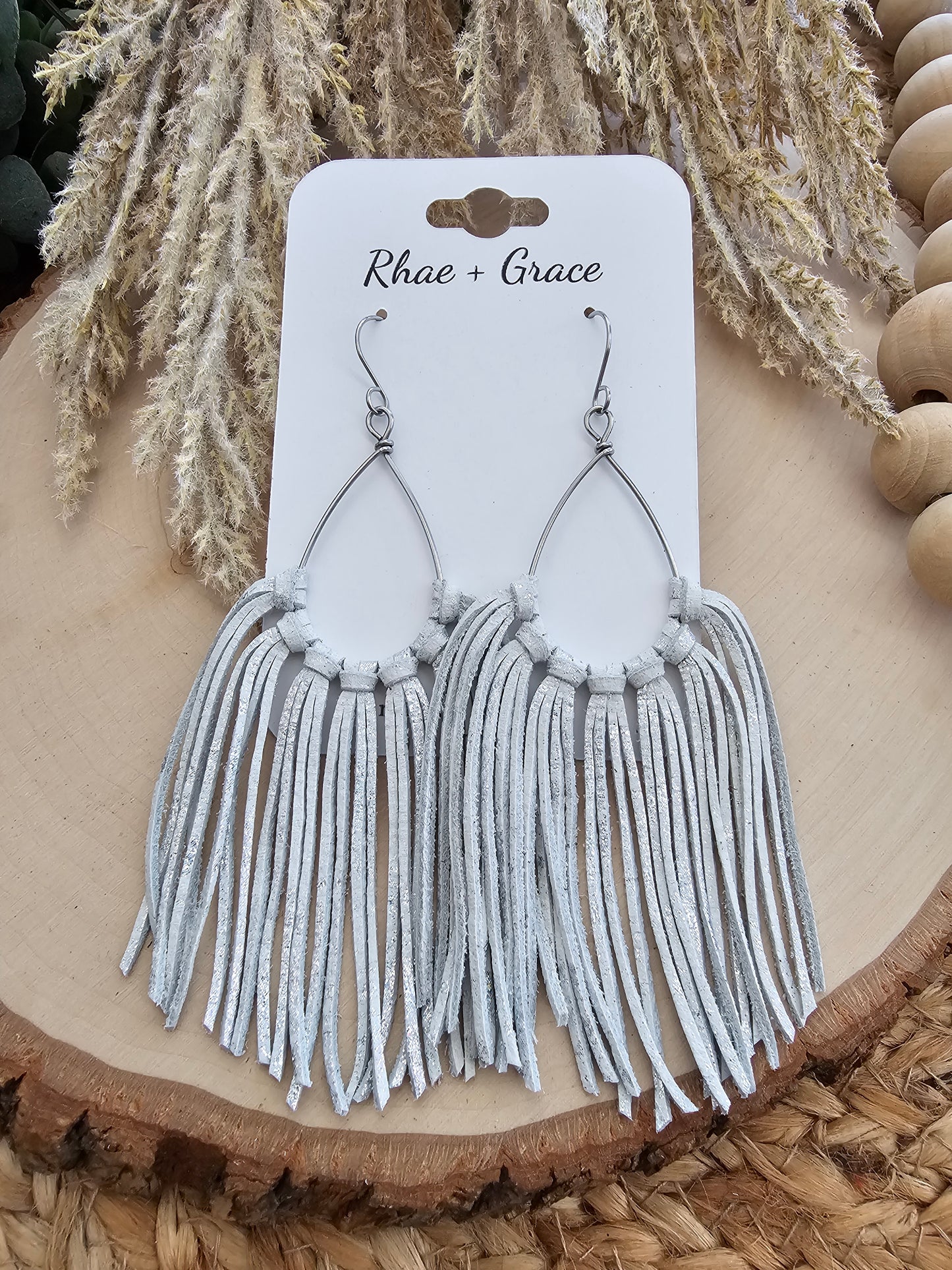 White & Silver Leather Fringe Statement Earrings